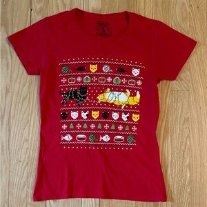 Women’s Ugly Cat Christmas Short-Sleeved Red T-Shirt, Snorg Tees, Size S